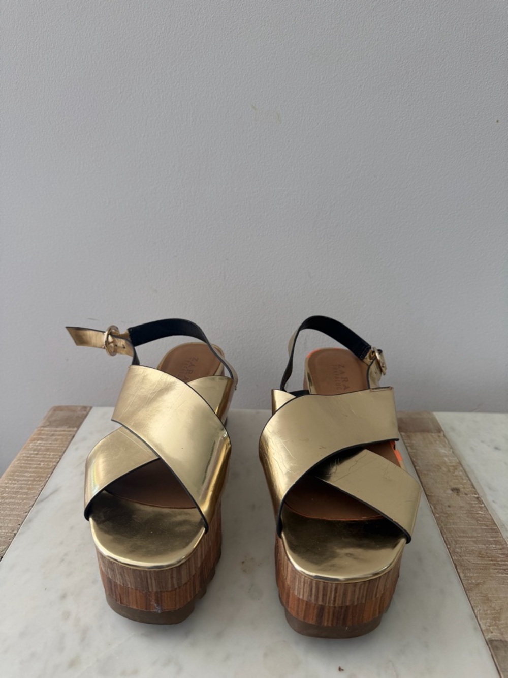 Zara Metallic Gold Platform Crisscross Sandals